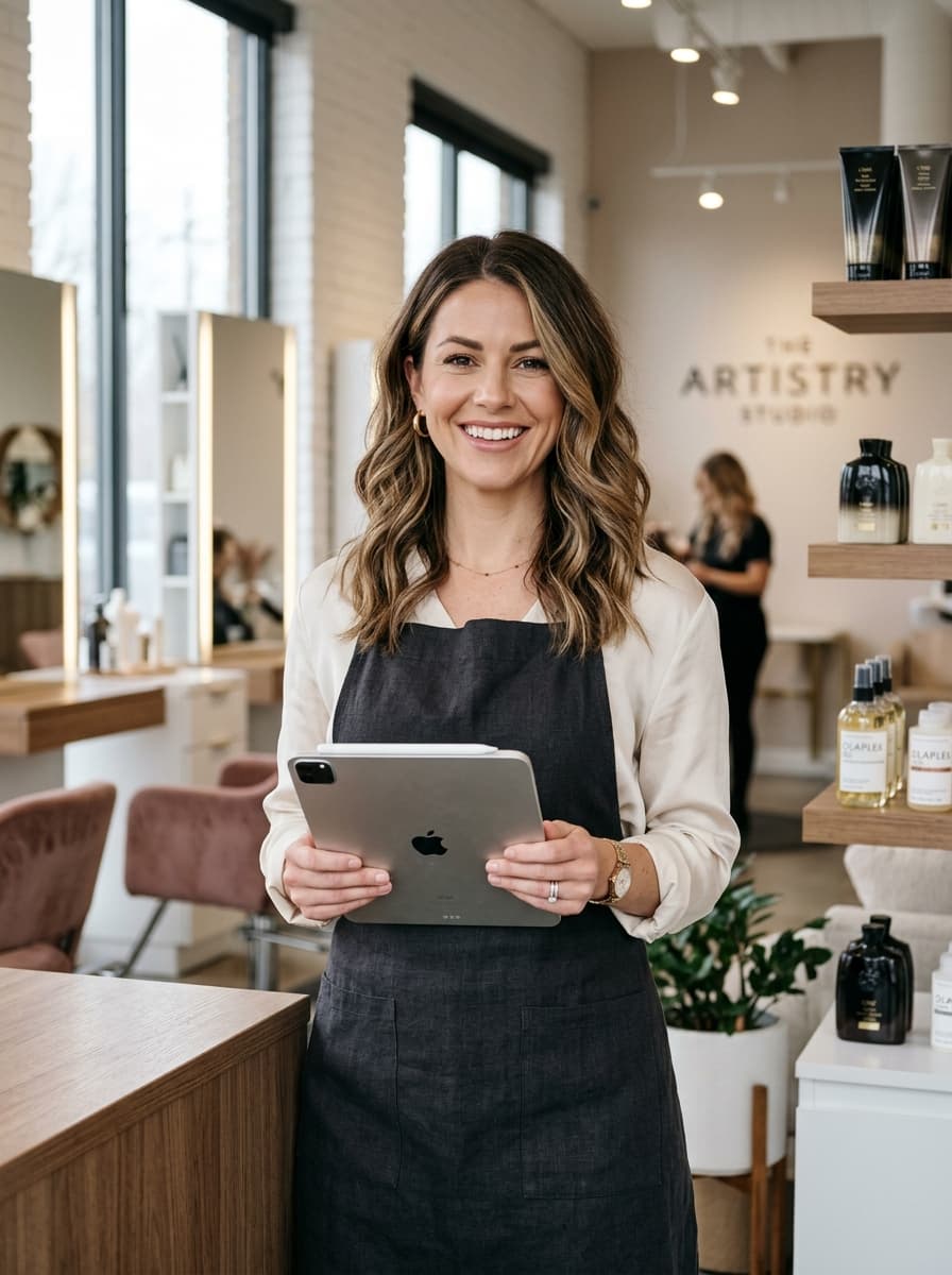 Professional salon owner and stylist using Bookzello AI salon booking software